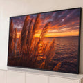 Quadro Decorativo Grande Capim dos Pampas Laranja para Sala | quadros decorativos para sala | capim dos pampas dourado silhuetado contra pôr do sol laranja sobre a água | Porao dos Quadros