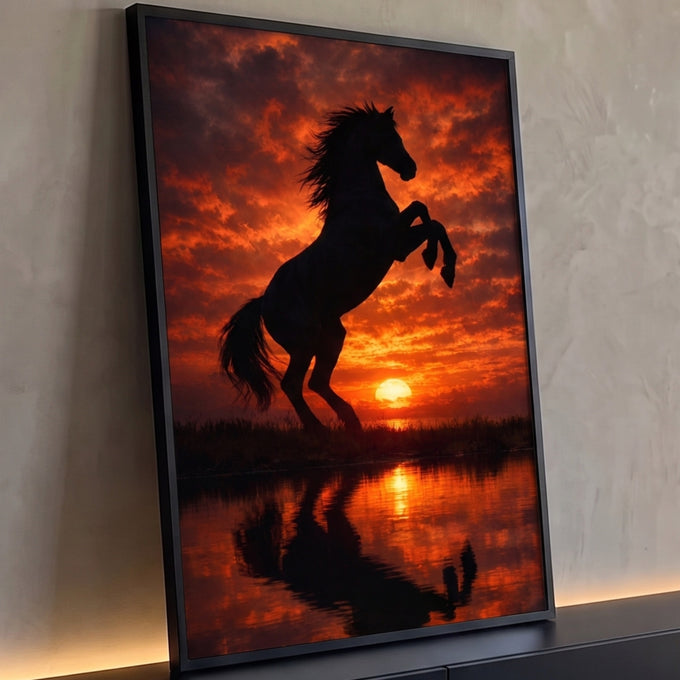 Silhueta de cavalo empinado contra pôr do sol laranja com reflexo no lago, quadro decorativo