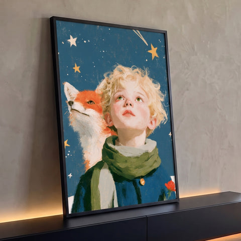 Quadro Decorativo Pequeno Príncipe com a Raposa | quadros decorativos para sala | menino loiro com raposa laranja olhando para céu estrelado com rosa vermelha | Porao dos Quadros