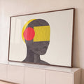 Quadro Decorativo Grande Rosto em Linhas para Sala Amarelo | quadros decorativos para sala | rosto de perfil em linhas finas marrom com formas geométricas amarelas e vermelhas | Porao dos Quadros