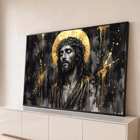 Jesus com coroa de espinhos e halo dourado, tinta dourada escorrendo sobre fundo preto, quadro decorativo
