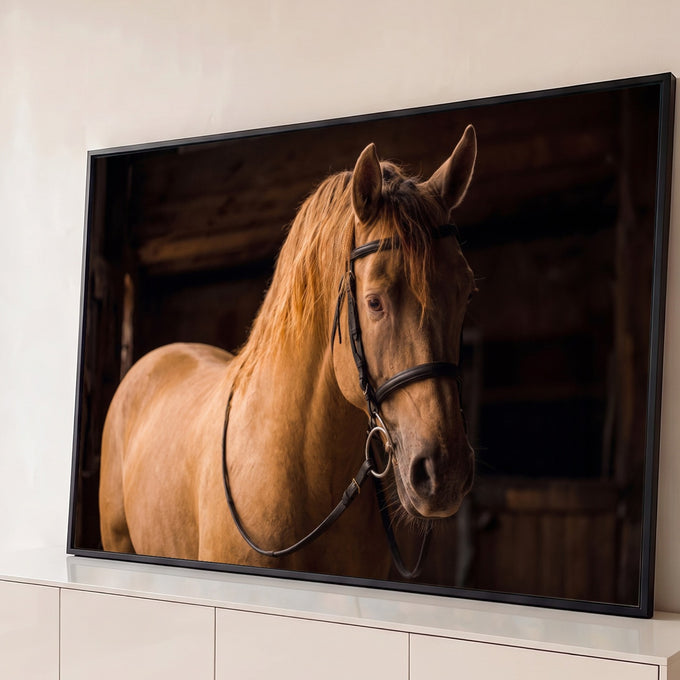 Cavalo palomino de crina dourada com rédea de couro preto em estábulo escuro, quadro decorativo