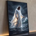 Quadro Decorativo Grande Jesus Caminhando Branco para Sala | quadros decorativos para sala | homem de túnica branca caminhando sobre o mar durante tempestade intensa | Porao dos Quadros