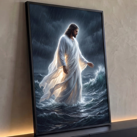 Jesus de túnica branca iluminada caminhando sobre ondas do mar sob chuva e céu escuro, quadro decorativo
