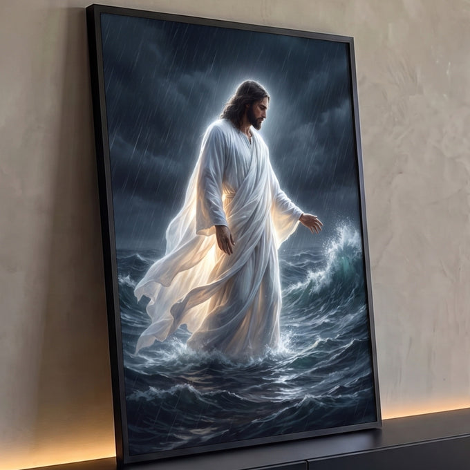 Quadro Decorativo Grande Jesus Caminhando Branco para Sala | quadros decorativos para sala | homem de túnica branca caminhando sobre o mar durante tempestade intensa | Porao dos Quadros