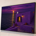 Quadro Decorativo Grande Casa Roxa para Sala Roxo | quadros decorativos para sala | casa roxa à beira-mar com lua cheia dourada e dois gatos observando ao entardecer | Porao dos Quadros