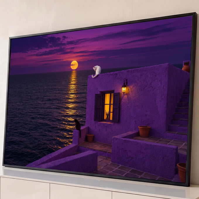 Quadro Decorativo Grande Casa Roxa para Sala Roxo | quadros decorativos para sala | casa roxa à beira-mar com lua cheia dourada e dois gatos observando ao entardecer | Porao dos Quadros