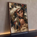 Quadro Decorativo Mulher Indígena com Cocar de Penas | quadros decorativos para sala | mulher indígena de perfil com cocar de penas e pintura facial azul e vermelha | Porao dos Quadros