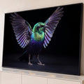 Pássaro de penas iridescentes verde e roxo com asas abertas sobre fundo preto, quadro decorativo