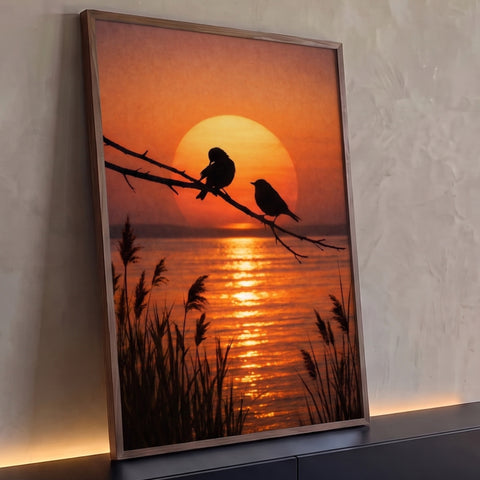 Dois pássaros em silhueta num galho diante do sol laranja refletido no lago com juncos, quadro decorativo