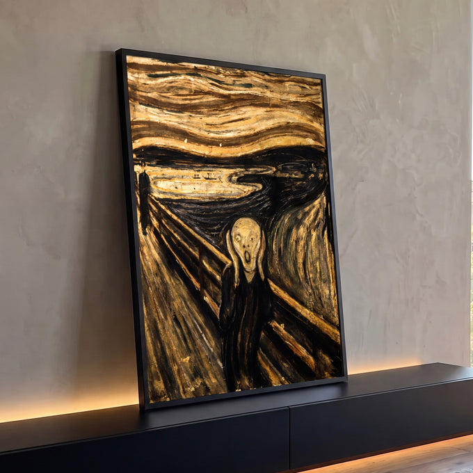 Quadro Decorativo Grande Grito de Munch para Sala Dourado | quadros decorativos para sala | figura gritando sobre ponte com céu ondulado em tons dourados e pretos | Porao dos Quadros