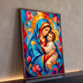 Quadro Decorativo Grande Nossa Senhora Véu Azul para Sala | quadros decorativos para sala | Nossa Senhora de véu azul abraçando o Menino Jesus com auréolas douradas e fundo colorido | Porao dos Quadros