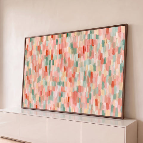 Pintura abstrata com pinceladas texturizadas em rosa, coral e verde-sálvia, quadro decorativo