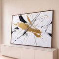 Quadro Decorativo Grande Abstrato e Preto para Sala Dourado | quadros decorativos para sala | pintura abstrata com faixa dourada, respingos pretos e linhas finas sobre fundo branco | Porao dos Quadros