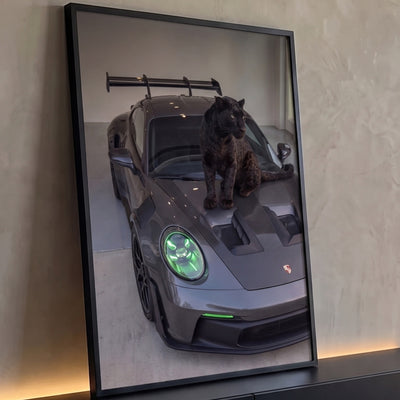 Quadro Decorativo Grande Porsche e Pantera para Sala Cinza