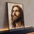 Quadro Decorativo Grande Jesus Aquarela para Sala Marrom | quadros decorativos para sala | retrato em aquarela de Jesus Cristo com barba olhando para cima em tons sépia | Porao dos Quadros
