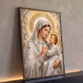 Quadro Decorativo Grande Nossa Senhora para Sala Branco | quadros decorativos para sala | Nossa Senhora com véu branco segurando o Menino Jesus, auréolas douradas e flores | Porao dos Quadros