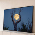 Quadro Decorativo Grande Lua Árvore Seca para Sala | quadros decorativos para sala | lua cheia dourada entre galhos de árvore seca contra céu azul escuro | Porao dos Quadros