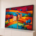 Quadro Decorativo Grande Vila Toscana para Sala Laranja | quadros decorativos para sala | vila toscana estilizada com telhados azuis sobre colinas coloridas em laranja e vermelho | Porao dos Quadros