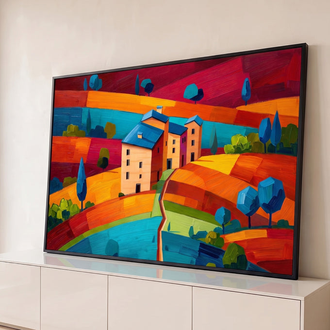 Quadro Decorativo Grande Vila Toscana para Sala Laranja | quadros decorativos para sala | vila toscana estilizada com telhados azuis sobre colinas coloridas em laranja e vermelho | Porao dos Quadros