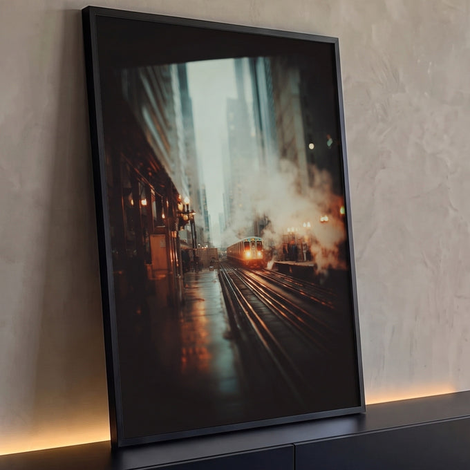 Trem elevado de Chicago entre arranha-céus com vapor e luzes âmbar em dia nublado, quadro decorativo