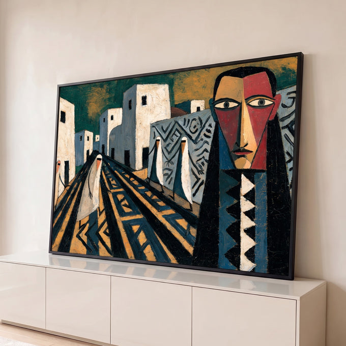 Quadro Decorativo Vila Cubista com Rosto Estilizado | quadros decorativos para sala | vila cubista com casas brancas, caminho geométrico e rosto estilizado em vermelho e bege | Porao dos Quadros