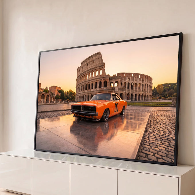 Muscle car laranja número 01 diante do Coliseu de Roma ao pôr do sol, quadro decorativo