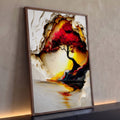 Árvore de copa vermelha sob sol dourado, reflexo na água e moldura em relevo branco, quadro decorativo