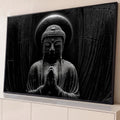 Quadro Decorativo Grande Buda em Oração para Sala Preto | quadros decorativos para sala | estátua de Buda em preto e branco com eclipse brilhante atrás da cabeça | Porao dos Quadros