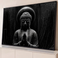 Quadro Decorativo Grande Buda em Oração para Sala Preto - Borda Infinita / 65x100cm