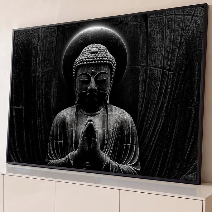 Quadro Decorativo Grande Buda em Oração para Sala Preto | quadros decorativos para sala | estátua de Buda em preto e branco com eclipse brilhante atrás da cabeça | Porao dos Quadros