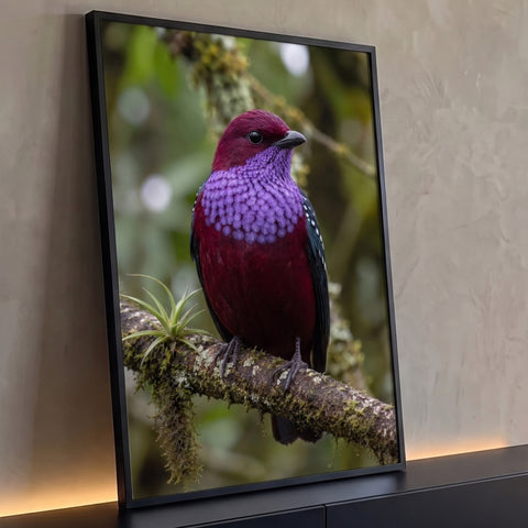 Pássaro bordô de peito lilás pousado em galho com musgo e bromélia, fundo verde desfocado, quadro decorativo