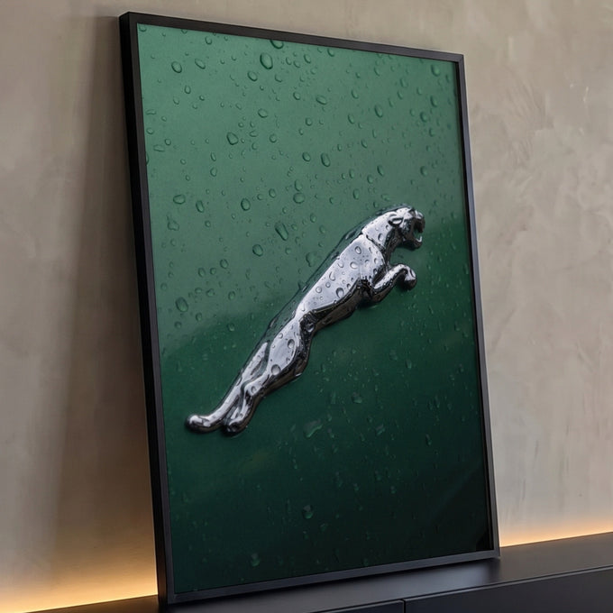 Emblema cromado de felino saltando sobre lataria verde de carro com gotas de chuva, quadro decorativo