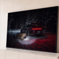 Porsche 911 preto na floresta nevada à noite com leopardo-das-neves rugindo e luz vermelha, quadro decorativo