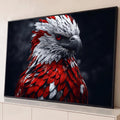 Águia de perfil com penas vermelhas e brancas, olho vermelho e bico cinza em fundo escuro, quadro decorativo