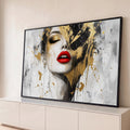 Quadro Decorativo Grande Rosto Lábios Vermelhos para Sala | quadros decorativos para sala | rosto feminino com olhos fechados, lábios vermelhos e respingos de tinta dourada e preta | Porao dos Quadros