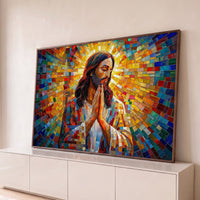 Quadro Decorativo Grande Jesus Mosaico para Sala - Borda Infinita / 65x100cm