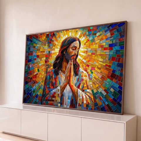 Jesus Cristo orando com mãos em prece em mosaico de vitral colorido com halo dourado, quadro decorativo