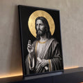 Quadro Decorativo Grande Jesus Auréola Dourada para Sala | quadros decorativos para sala | retrato de Jesus Cristo em tons de cinza com auréola dourada e símbolos Alfa e Ômega | Porao dos Quadros