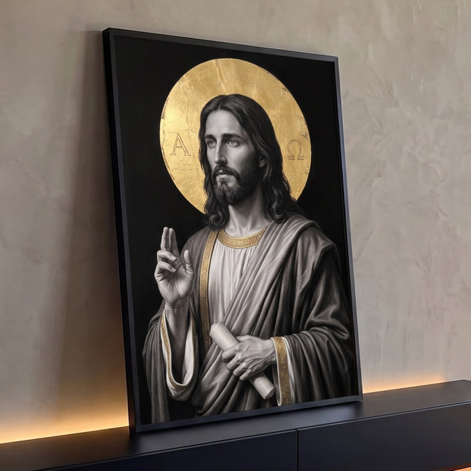 Quadro Decorativo Grande Jesus Auréola Dourada para Sala | quadros decorativos para sala | retrato de Jesus Cristo em tons de cinza com auréola dourada e símbolos Alfa e Ômega | Porao dos Quadros