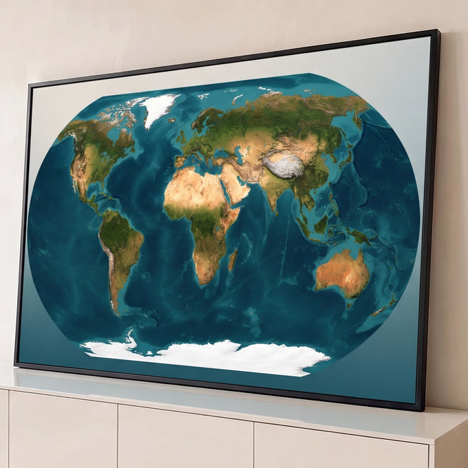 Quadro Decorativo Grande Mapa Mundi em Relevo para Sala Azul | quadros decorativos para sala | mapa-múndi em relevo com continentes verdes e oceanos azul-petróleo escuro | Porao dos Quadros