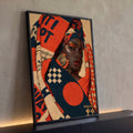 Quadro Decorativo Retrato Feminino com Turbante Laranja | quadros decorativos para sala | retrato de mulher com turbante estampado laranja e azul e maquiagem dourada | Porao dos Quadros