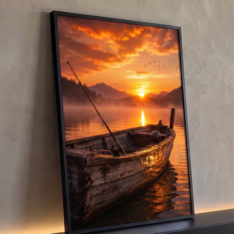 Barco de madeira rústico com vara de pesca em lago com névoa ao pôr do sol laranja, quadro decorativo