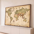 Quadro Decorativo Grande Mapa Mundi para Escritório Bege | quadros decorativos para sala | mapa-múndi antigo em tons sépia com rosa dos ventos e veleiro ilustrado | Porao dos Quadros