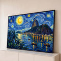 Quadro Decorativo Grande Noite Estrelada de Van para Sala | quadros decorativos para sala | noite estrelada com Pão de Açúcar, lua dourada e baía iluminada do Rio | Porao dos Quadros