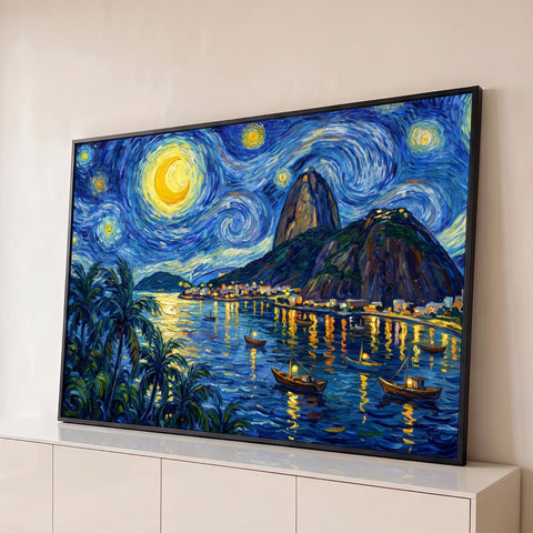 Quadro Decorativo Grande Noite Estrelada de Van para Sala | quadros decorativos para sala | noite estrelada com Pão de Açúcar, lua dourada e baía iluminada do Rio | Porao dos Quadros