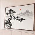 Quadro Decorativo Grande Árvore da Vida para Sala Preto | quadros decorativos para sala | pinheiro bonsai em tinta preta sobre rocha com montanhas nebulosas e sol vermelho | Porao dos Quadros