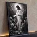 Quadro Decorativo Grande Jesus Abençoando para Sala Preto | quadros decorativos para sala | Jesus com halo de luz abençoando apóstolos ajoelhados em preto e branco | Porao dos Quadros