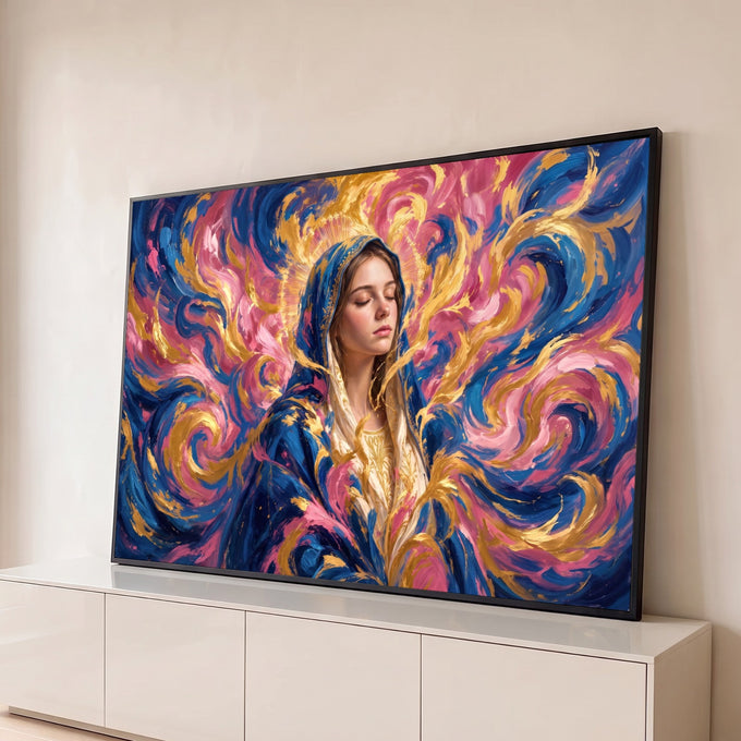 Nossa Senhora de olhos fechados, manto azul e auréola dourada em espirais rosa e ouro, quadro decorativo