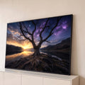 Quadro Decorativo Grande Árvore Seca para Sala Roxo | quadros decorativos para sala | árvore seca silhueta entre pôr do sol dourado e céu noturno roxo estrelado | Porao dos Quadros